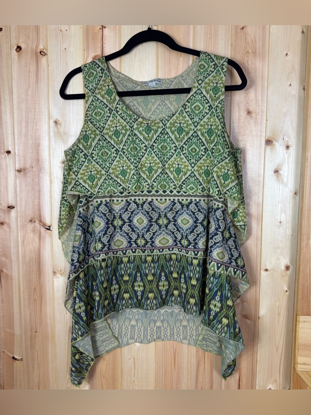 Live & Let Live Ruffled Tier Pullover Aztec Print Tunic Tank XL boho artsy earth